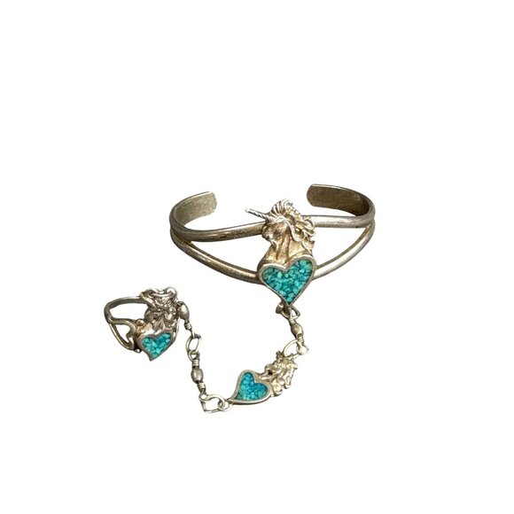 Unicorn Heart Slave Bracelet w Ring Silver Tone Crushed Turquoise Sz 6.5 EGE 90 - Picture 1 of 5